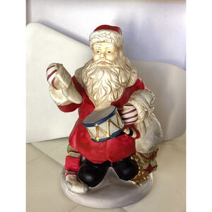 Santa Figurine St. Nick W/ Drum & Gift Sack Christmas 9.5” Heavy Ceramic Vintage